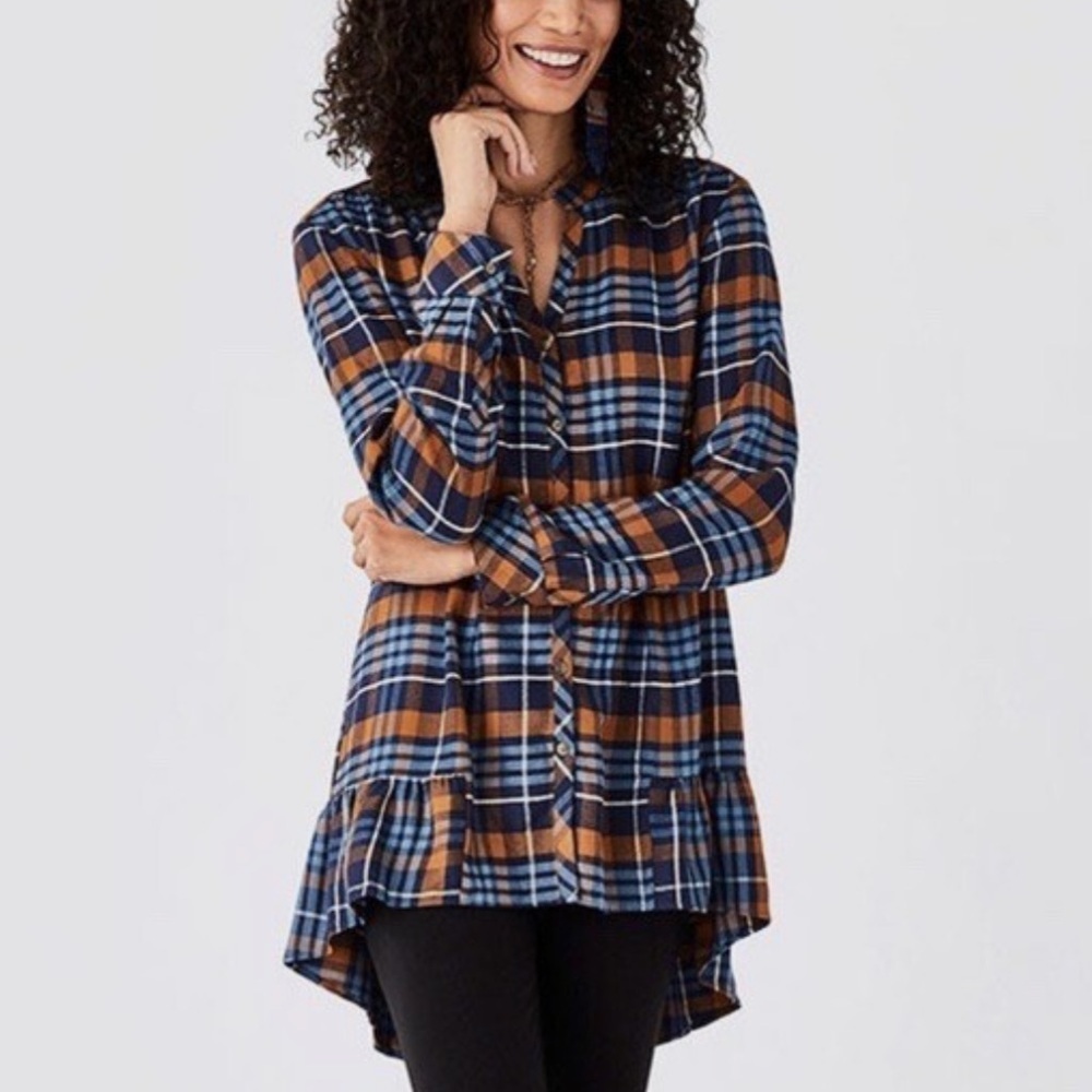 Matilda Jane General Store Tunic Top Size Large Plaid Flannel Button Down
